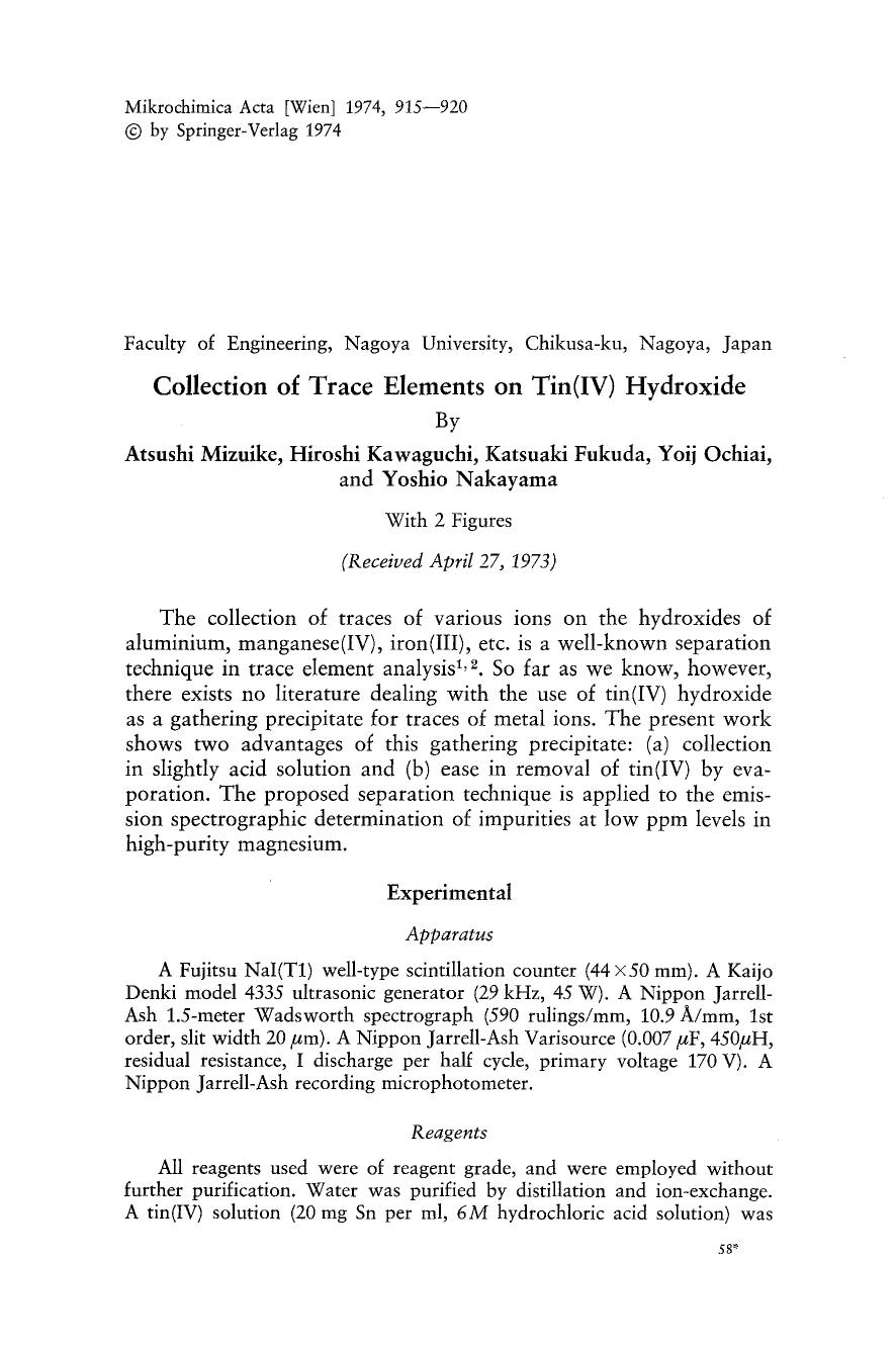 Collection of trace elements on tin(IV) hydroxide by Unknown