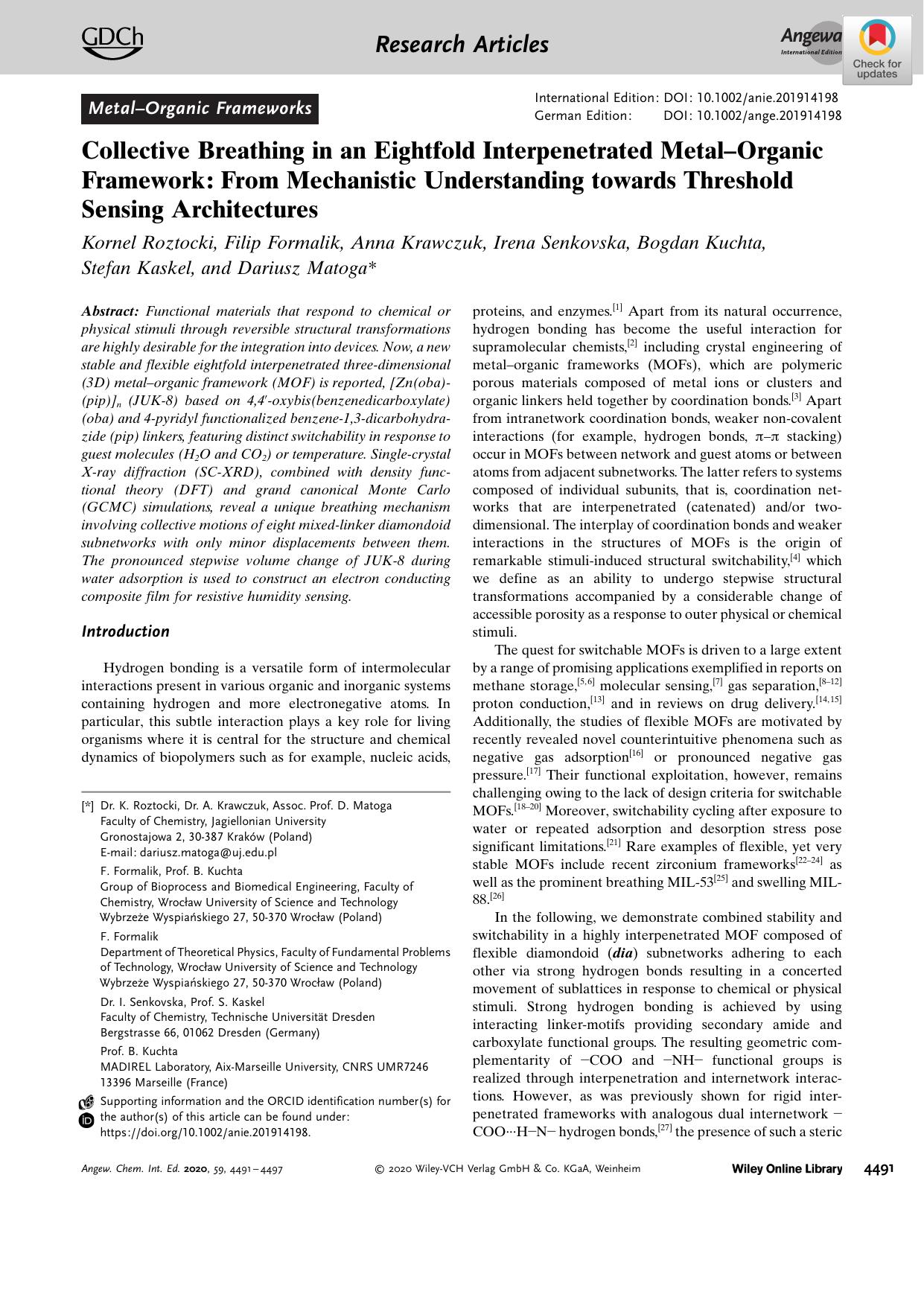 Collective Breathing in an Eightfold Interpenetrated MetalâOrganic Framework: From Mechanistic Understanding towards Threshold Sensing Architectures by Unknown
