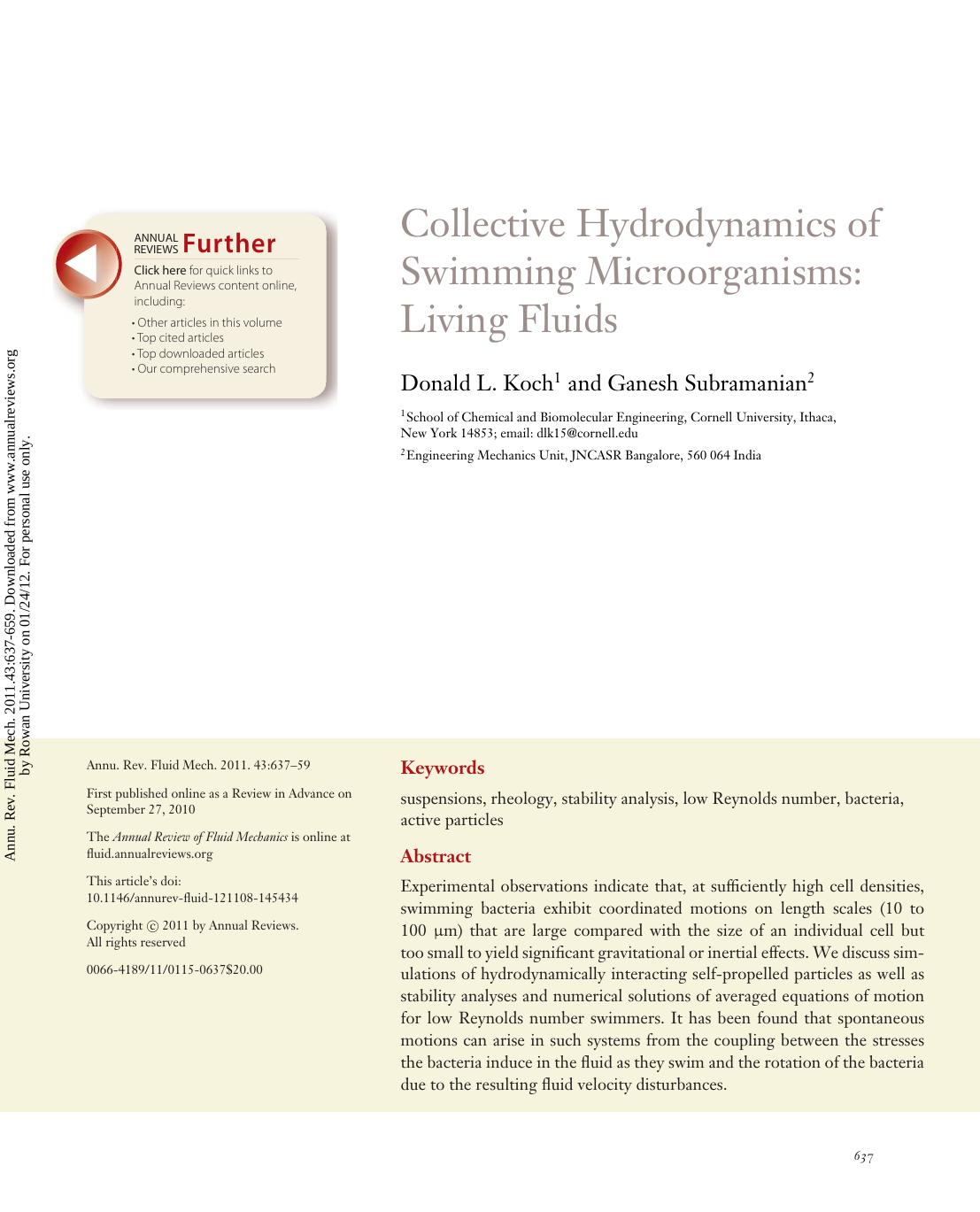 Collective Hydrodynamics of Swimming Microorganisms: Living Fluids by Donald L. Koch1 & Ganesh Subramanian2