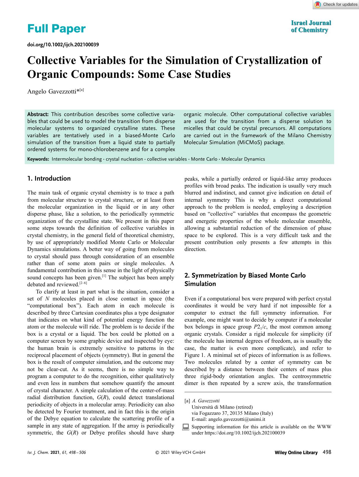Collective Variables for the Simulation of Crystallization of Organic Compounds: Some Case Studies by Unknown