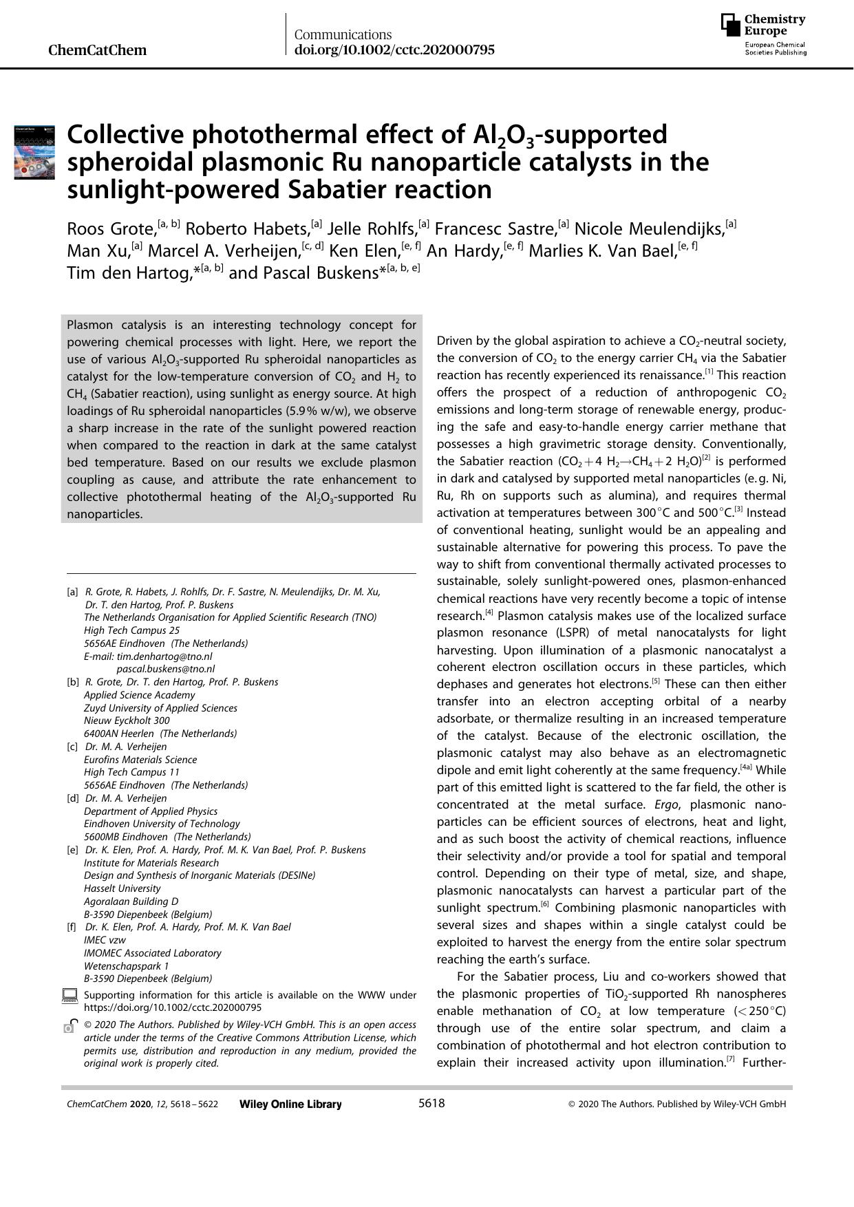 Collective photothermal effect of Al2O3âsupported spheroidal plasmonic Ru nanoparticle catalysts in the sunlightâpowered Sabatier reaction by Unknown