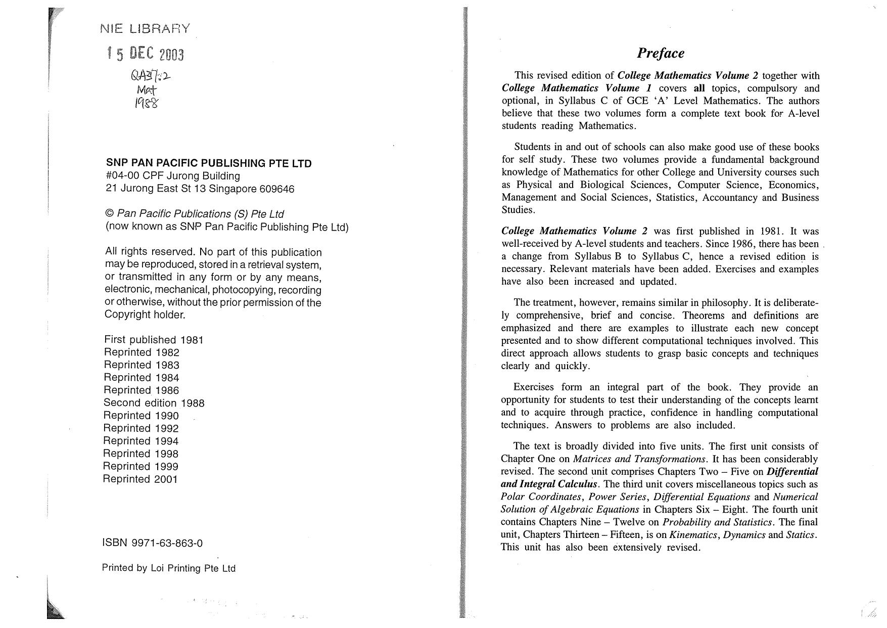 College Mathematics Syllabus C (Vol 2) by Y M Chow K M Koh C J Koh K D Ling S Z Shee