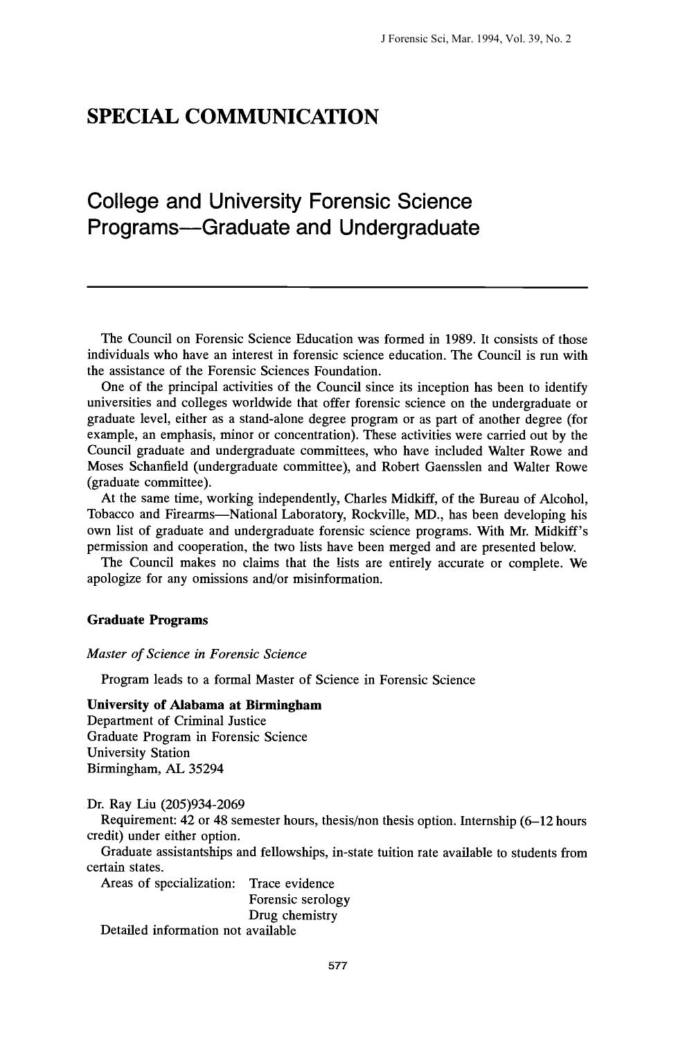 College and University Forensic Science ProgramsÅGraduate and Undergraduate by Unknown