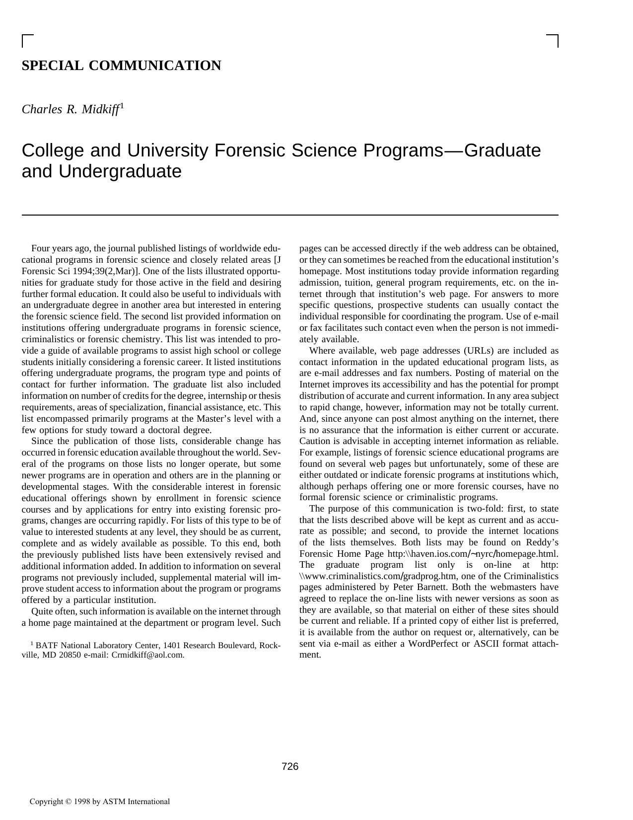 College and university forensic science programsŁgraduate and undergraduate by Midkiff CR