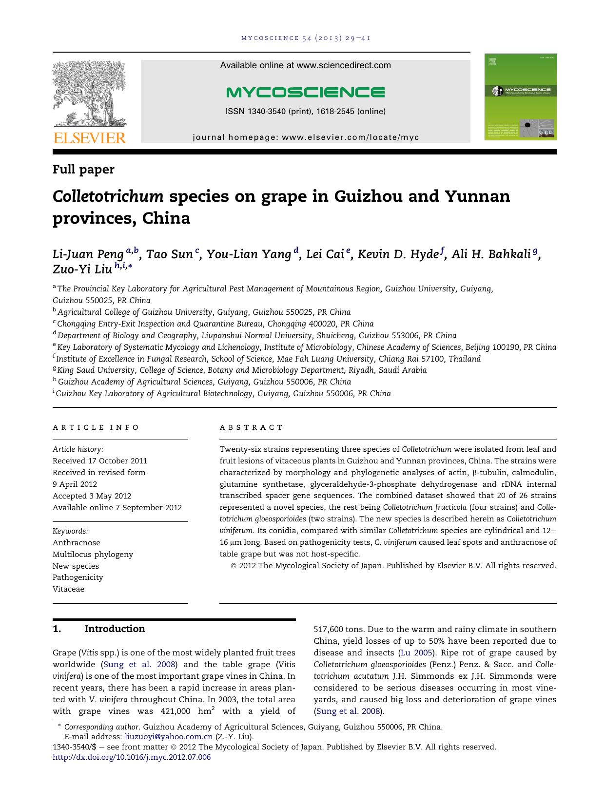Colletotrichum species on grape in Guizhou and Yunnan provinces, China by Li-Juan Peng & Tao Sun & You-Lian Yang & Lei Cai & Kevin D. Hyde & Ali H. Bahkali & Zuo-Yi Liu