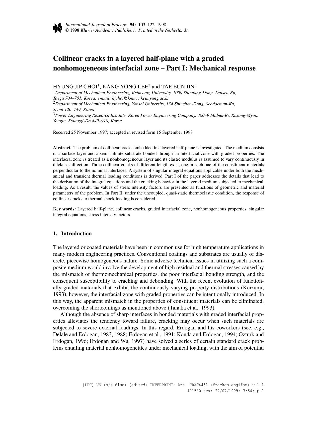 Collinear cracks in a layered half-plane with a graded nonhomogeneous interfacial zone &#x2013; Part I: Mechanical response by Unknown