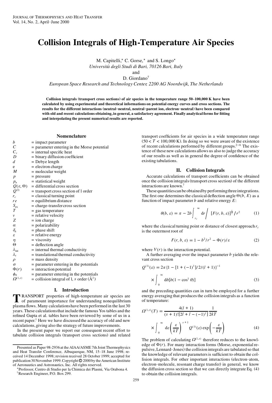 Collision Integrals of High-Temperature Air Species by Unknown