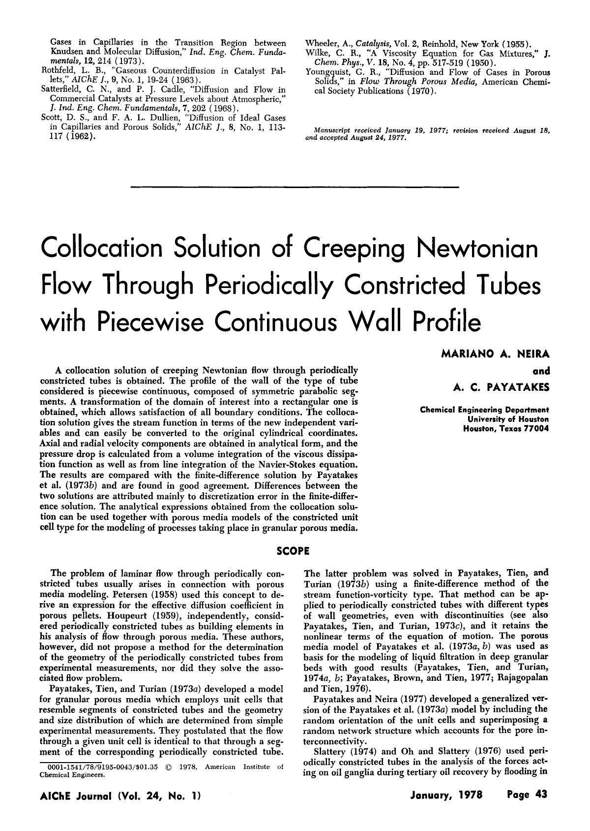 Collocation solution of creeping newtonian flow through periodically constricted tubes with piecewise continuous wall profile by Unknown