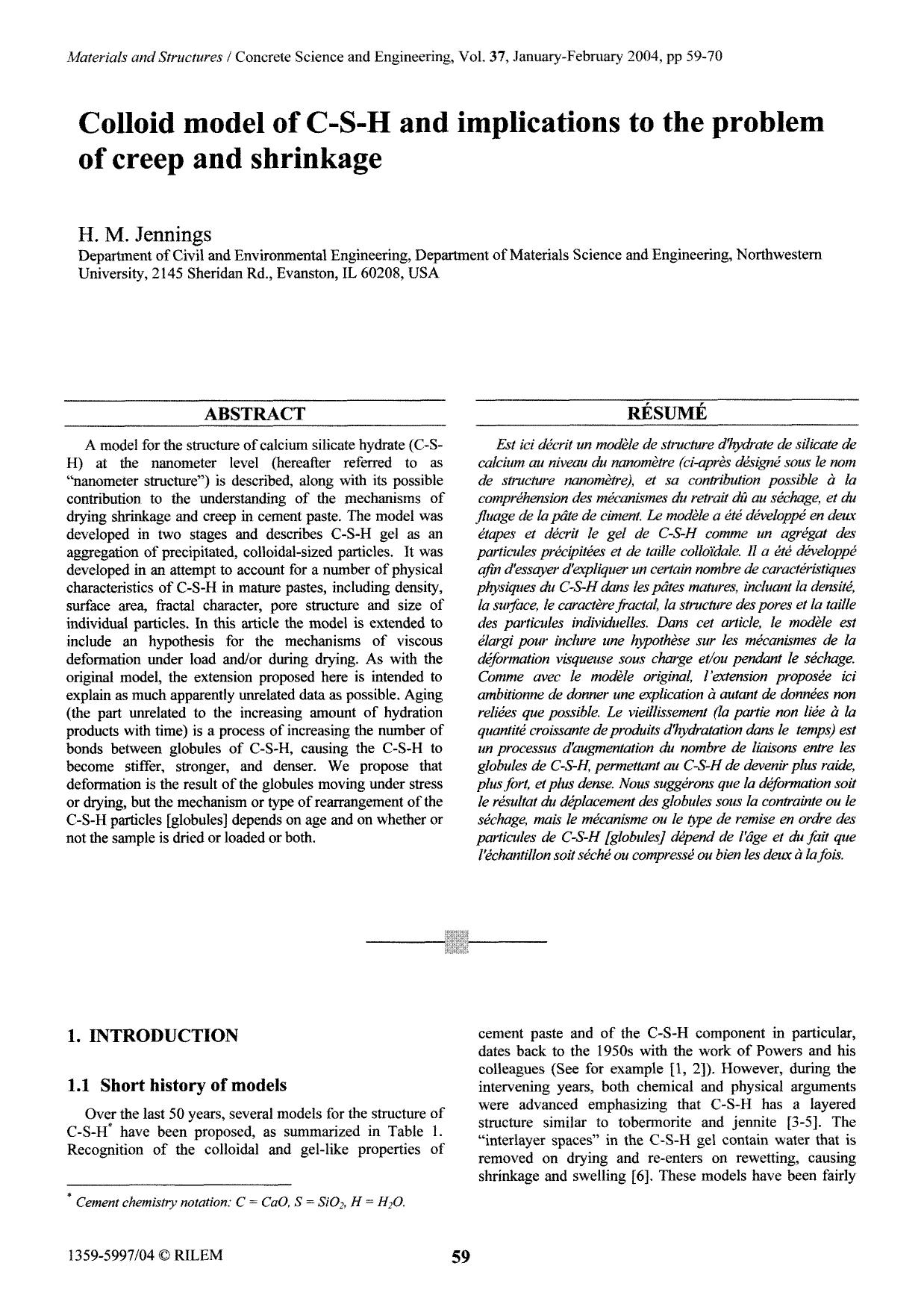 Colloid model of C−S−H and implications to the problem of creep and shrinkage by Unknown