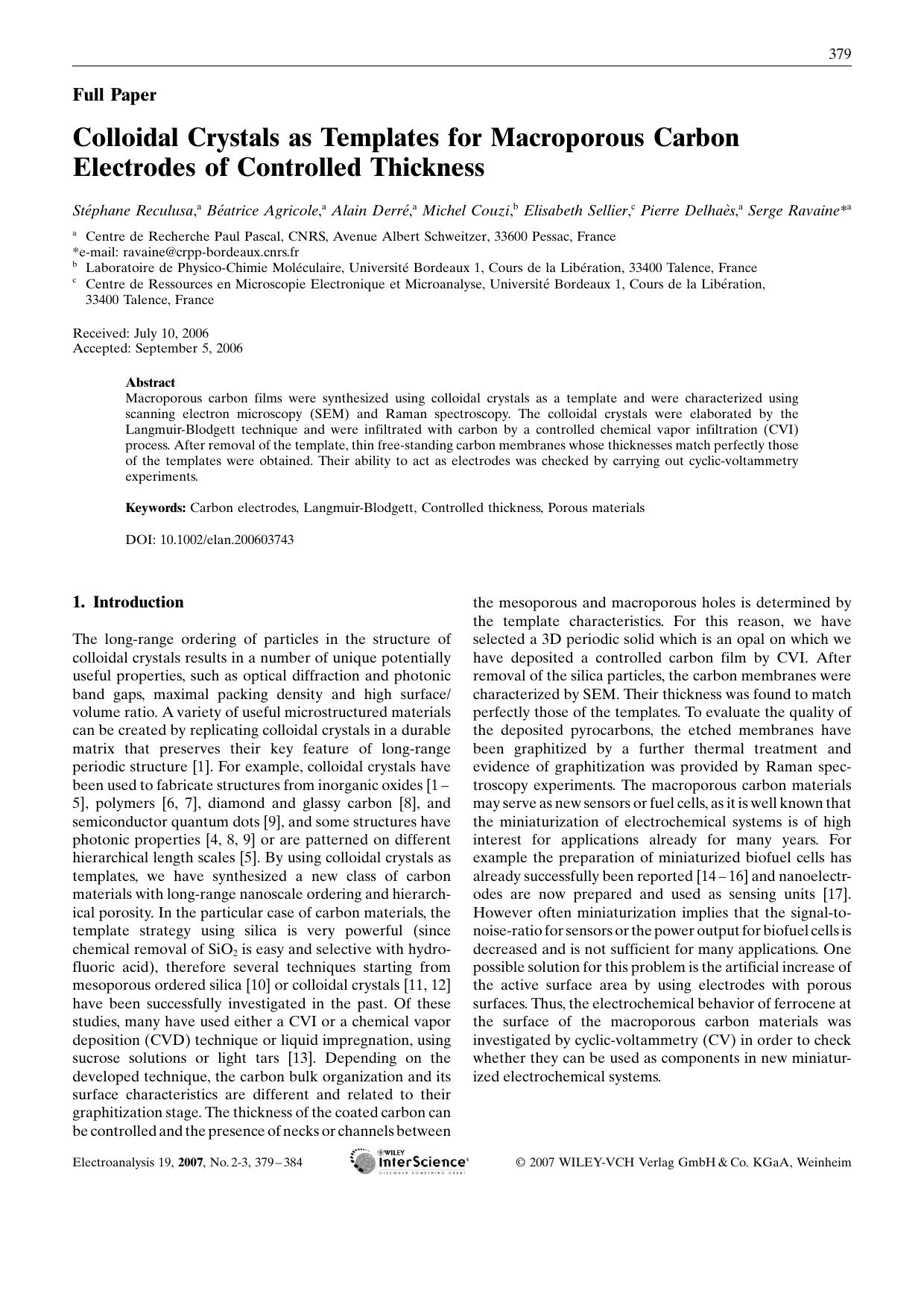 Colloidal Crystals as Templates for Macroporous Carbon Electrodes of Controlled Thickness by Unknown