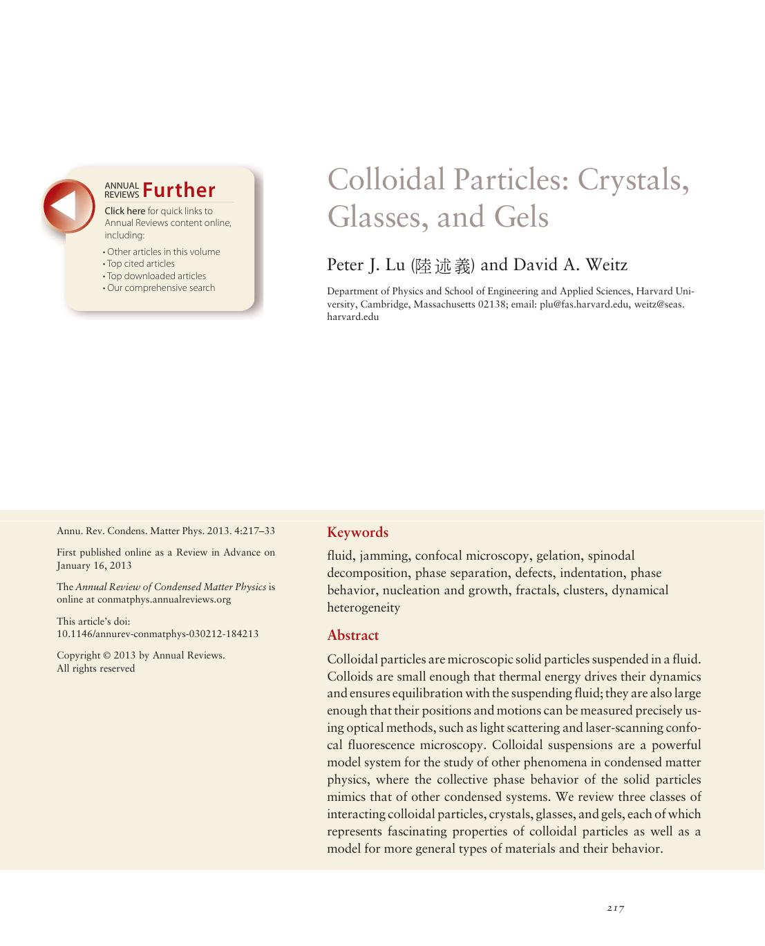 Colloidal Particles: Crystals, Glasses, and Gels by Peter J. Lu (陸述義) and David A. Weitz