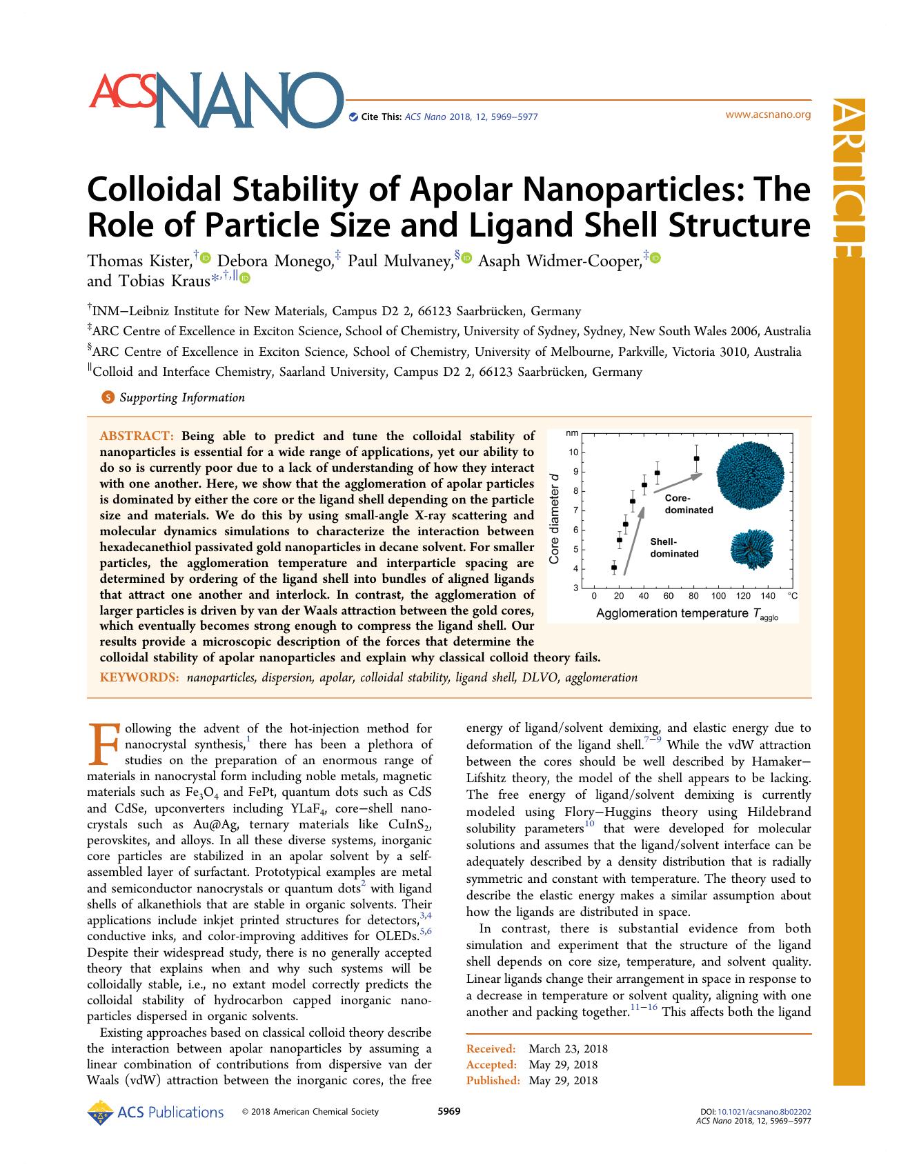 Colloidal Stability of Apolar Nanoparticles: The Role of Particle Size and Ligand Shell Structure by Thomas Kister Debora Monego Paul Mulvaney Asaph Widmer-Cooper and Tobias Kraus