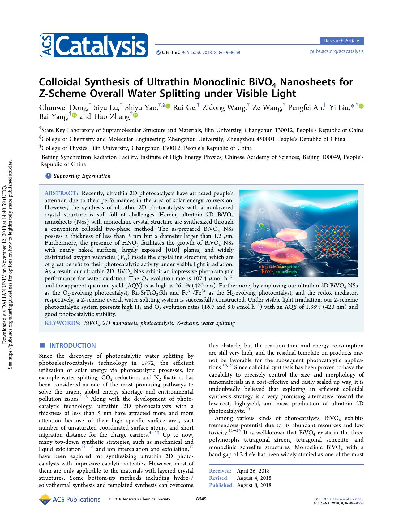 Colloidal Synthesis of Ultrathin Monoclinic BiVO4 Nanosheets for Z-Scheme Overall Water Splitting under Visible Light by unknow
