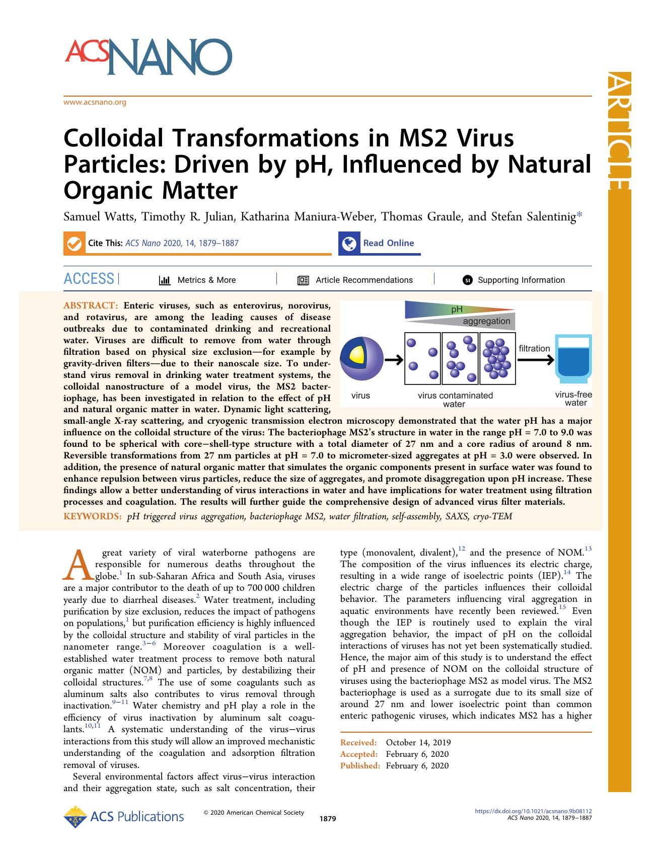 Colloidal Transformations in MS2 Virus Particles: Driven by pH, Influenced by Natural Organic Matter by Samuel Watts Timothy R. Julian Katharina Maniura-Weber Thomas Graule and Stefan Salentinig
