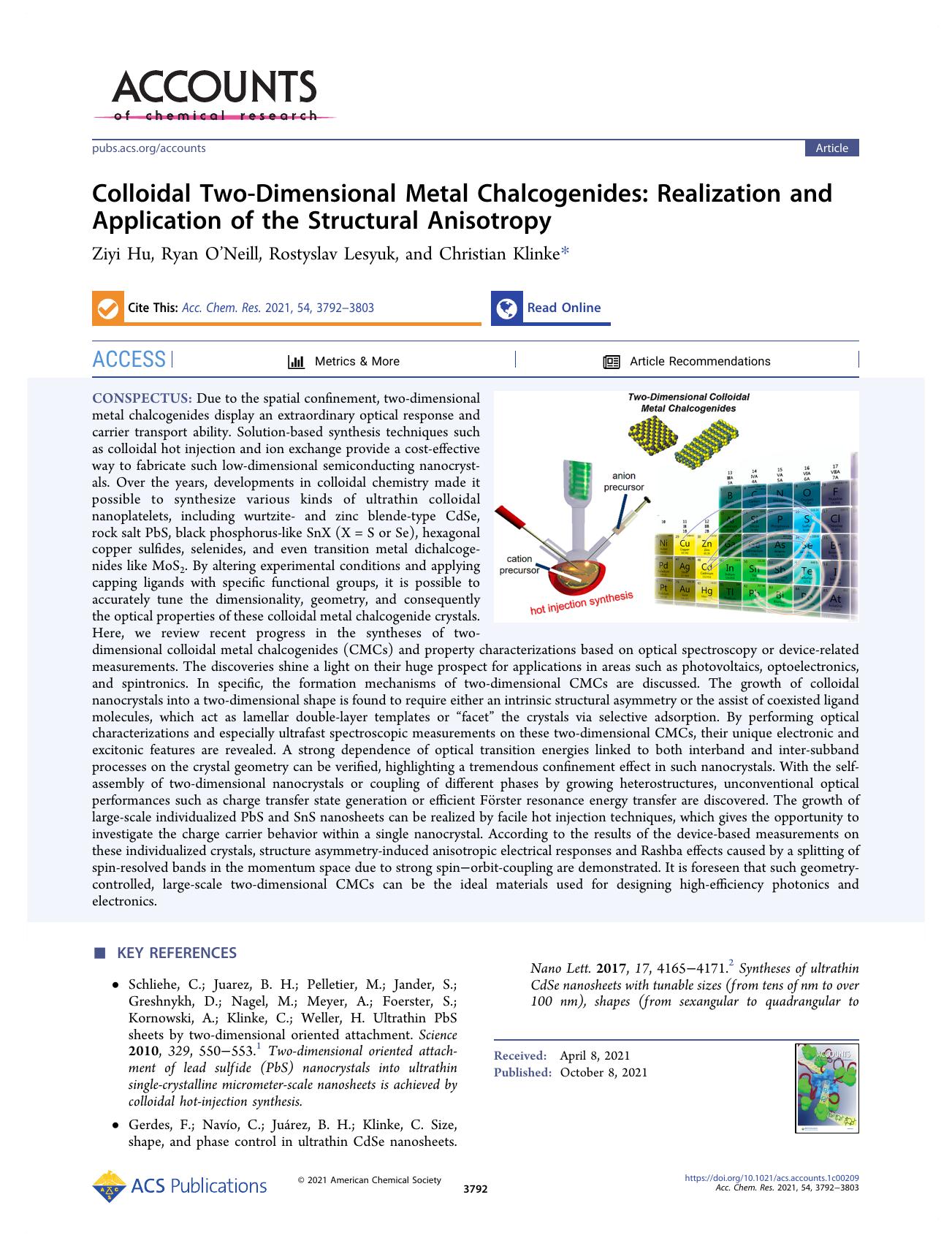 Colloidal Two-Dimensional Metal Chalcogenides: Realization and Application of the Structural Anisotropy by Ziyi Hu Ryan O’Neill Rostyslav Lesyuk and Christian Klinke