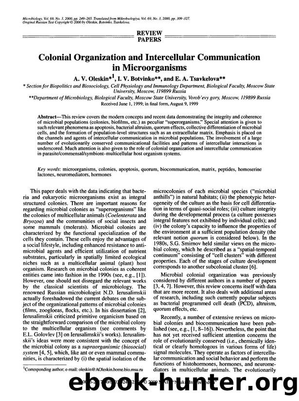 Colonial organization and intercellular communication in microorganisms by Unknown