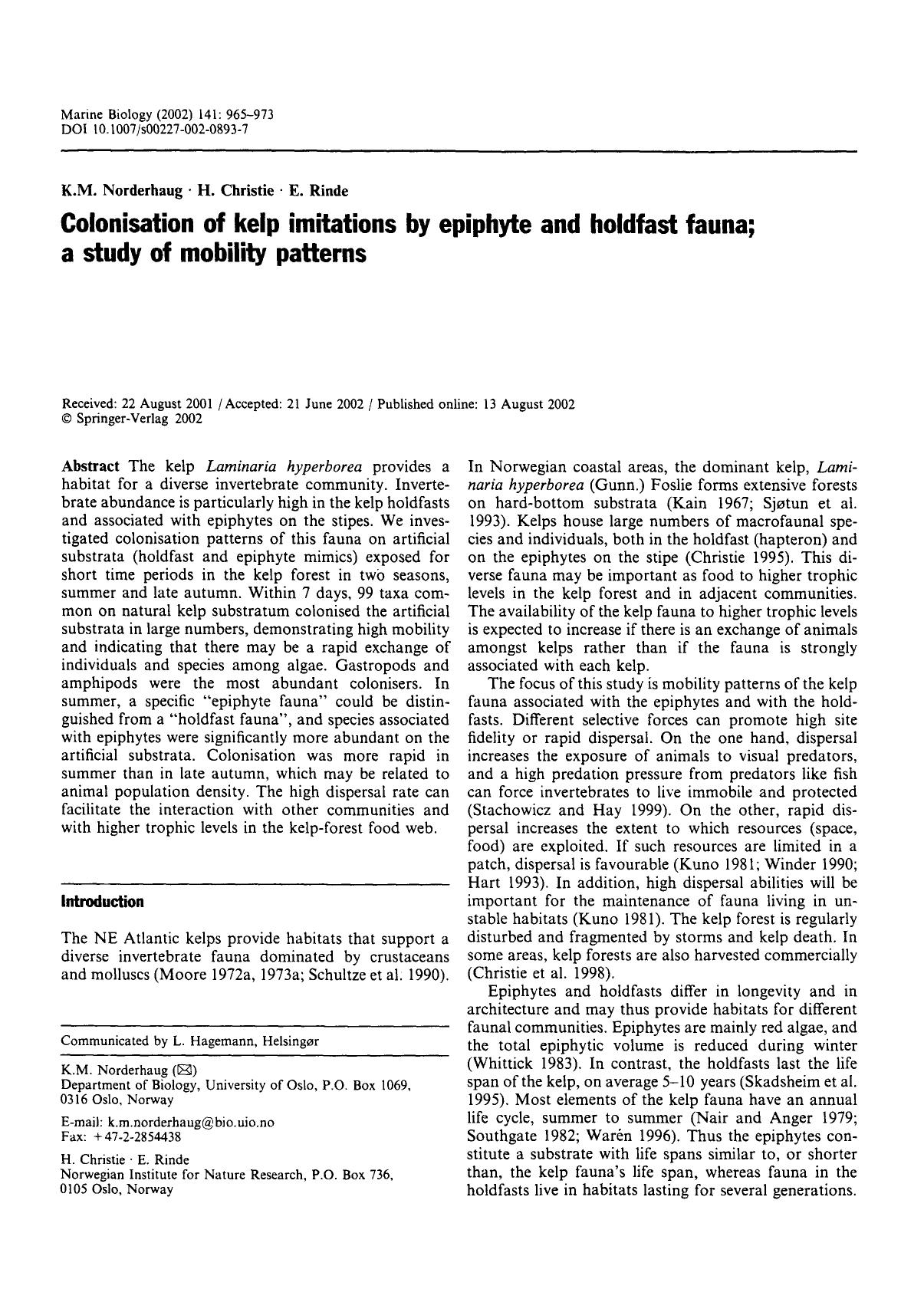 Colonisation of kelp imitations by epiphyte and holdfast fauna; a study of mobility patterns by Unknown
