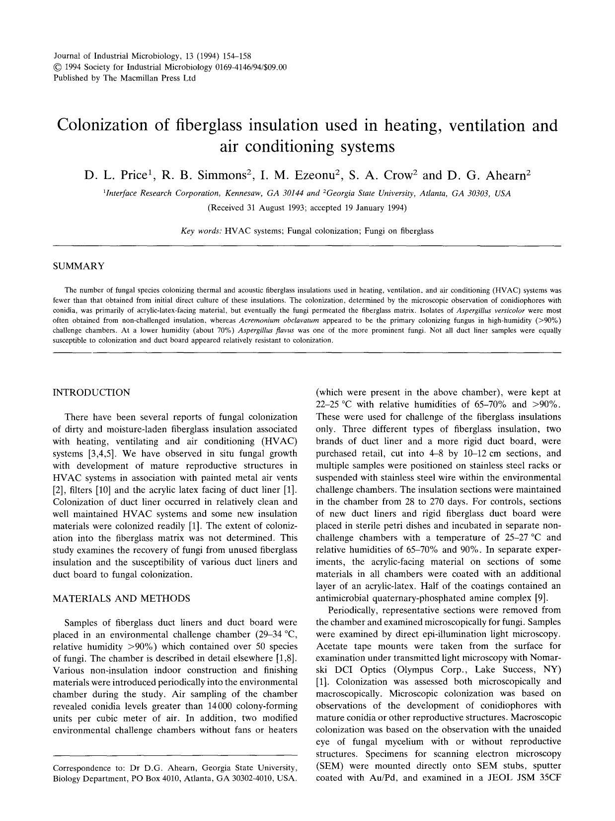 Colonization of fiberglass insulation used in heating, ventilation and air conditioning systems by Unknown