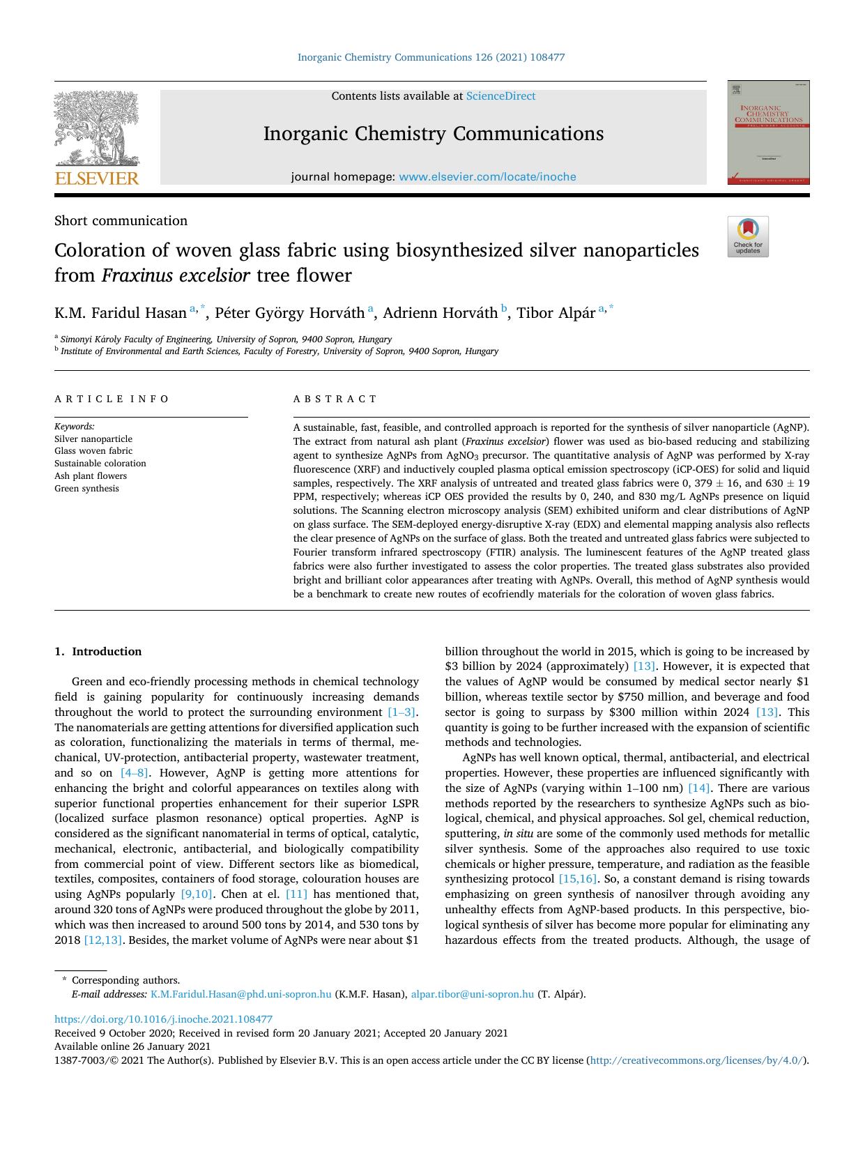 Coloration of woven glass fabric using biosynthesized silver nanoparticles from Fraxinus excelsior tree flower by K.M. Faridul Hasan