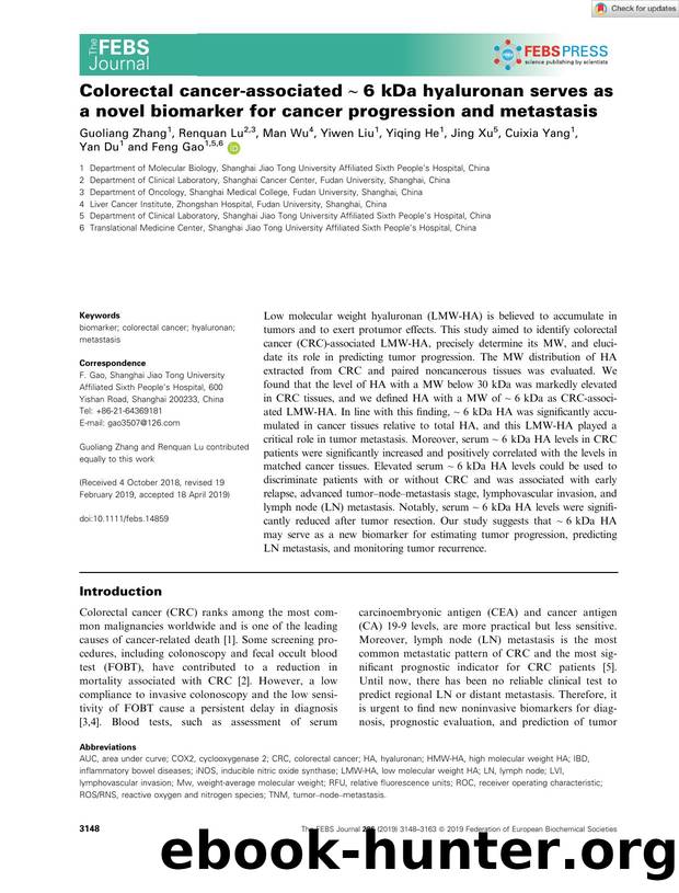 Colorectal cancerâassociated ~Â 6Â kDa hyaluronan serves as a novel biomarker for cancer progression and metastasis by Unknown