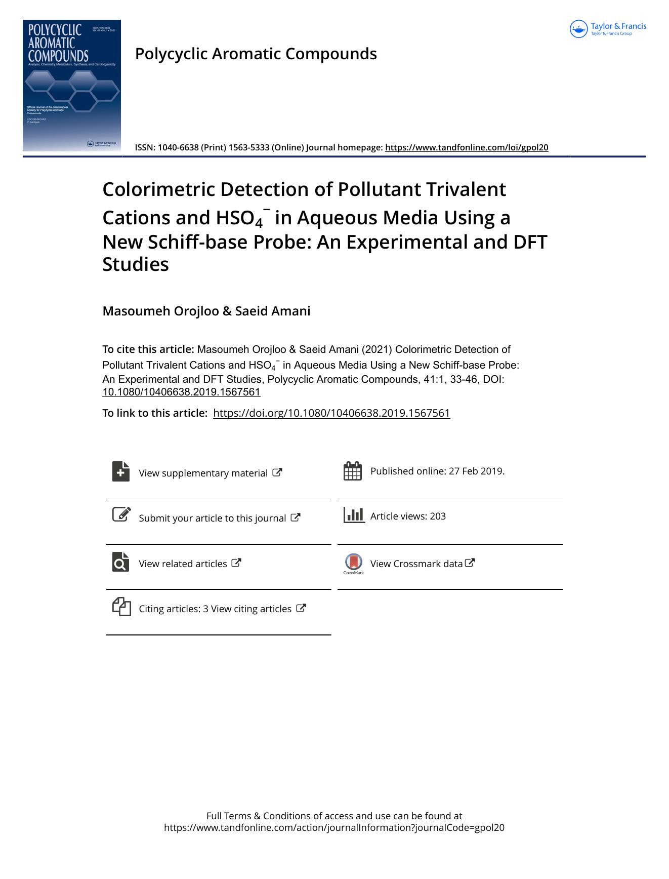 Colorimetric Detection of Pollutant Trivalent Cations and HSO4â in Aqueous Media Using a New Schiff-base Probe: An Experimental and DFT Studies by Orojloo Masoumeh & Amani Saeid