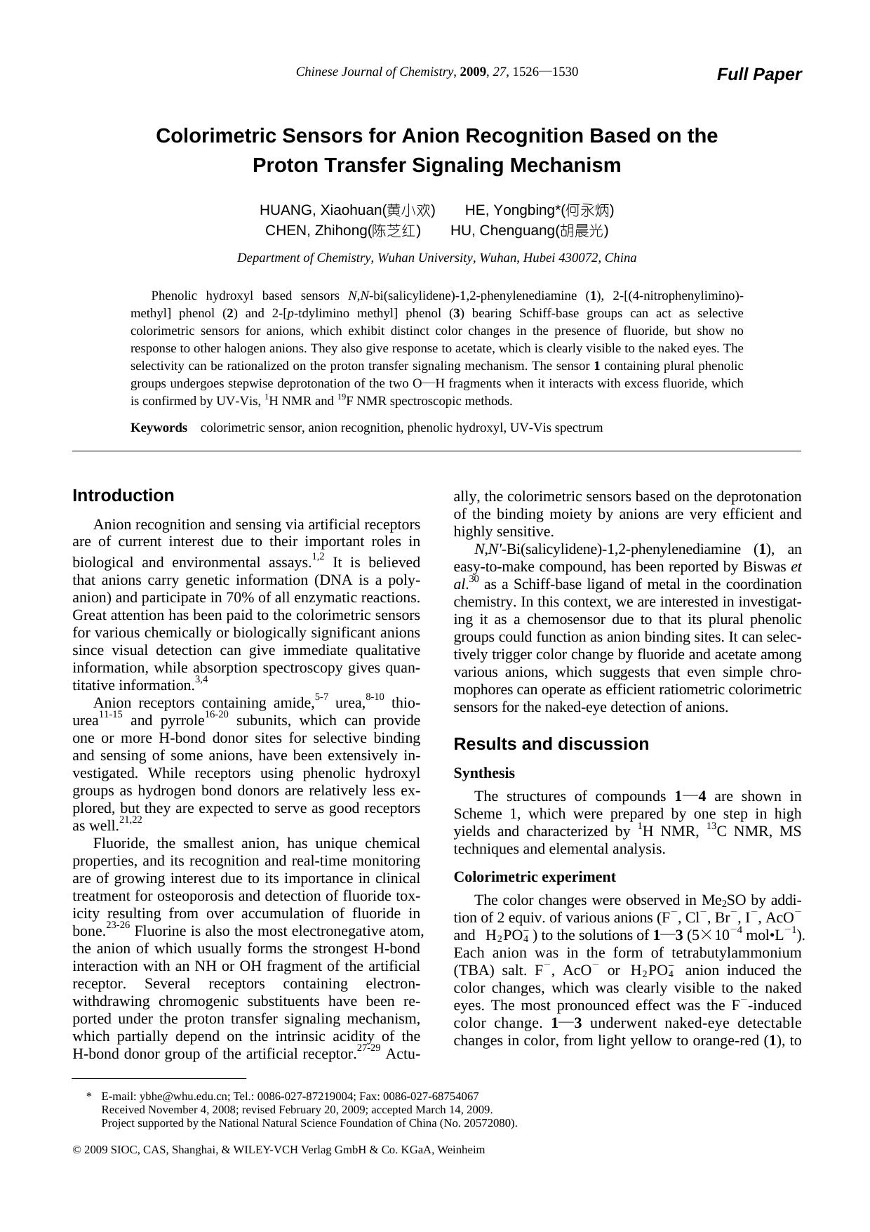 Colorimetric Sensors for Anion Recognition Based on the Proton Transfer Signaling Mechanism by uy