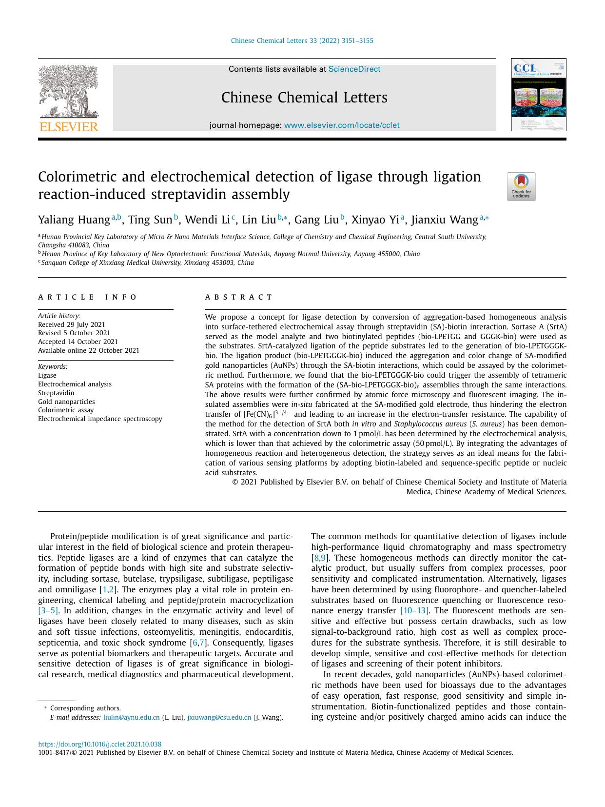 Colorimetric and electrochemical detection of ligase through ligation reaction-induced streptavidin assembly by Yaliang Huang & Ting Sun & Wendi Li & Lin Liu & Gang Liu & Xinyao Yi & Jianxiu Wang