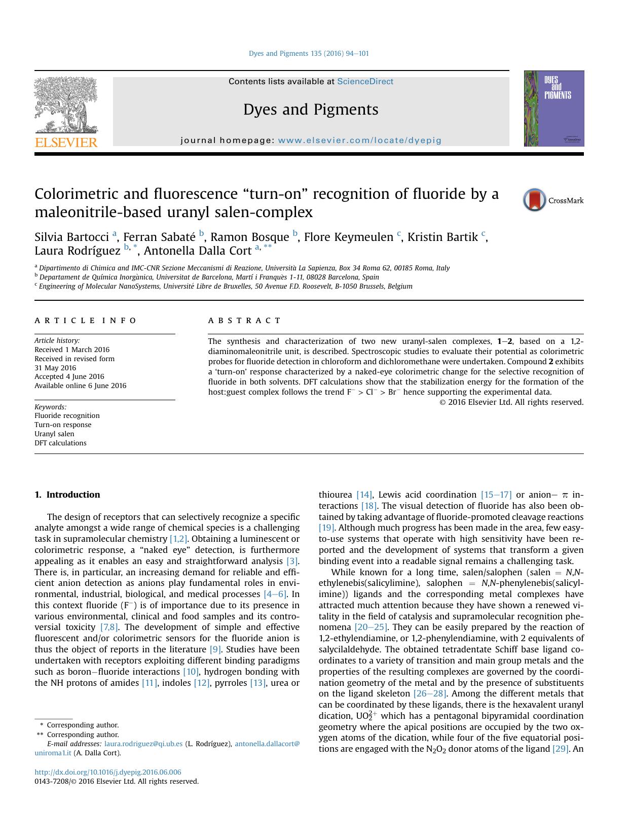 Colorimetric and fluorescence &#x201C;turn-on&#x201D; recognition of fluoride by a maleonitrile-based uranyl salen-complex by unknow