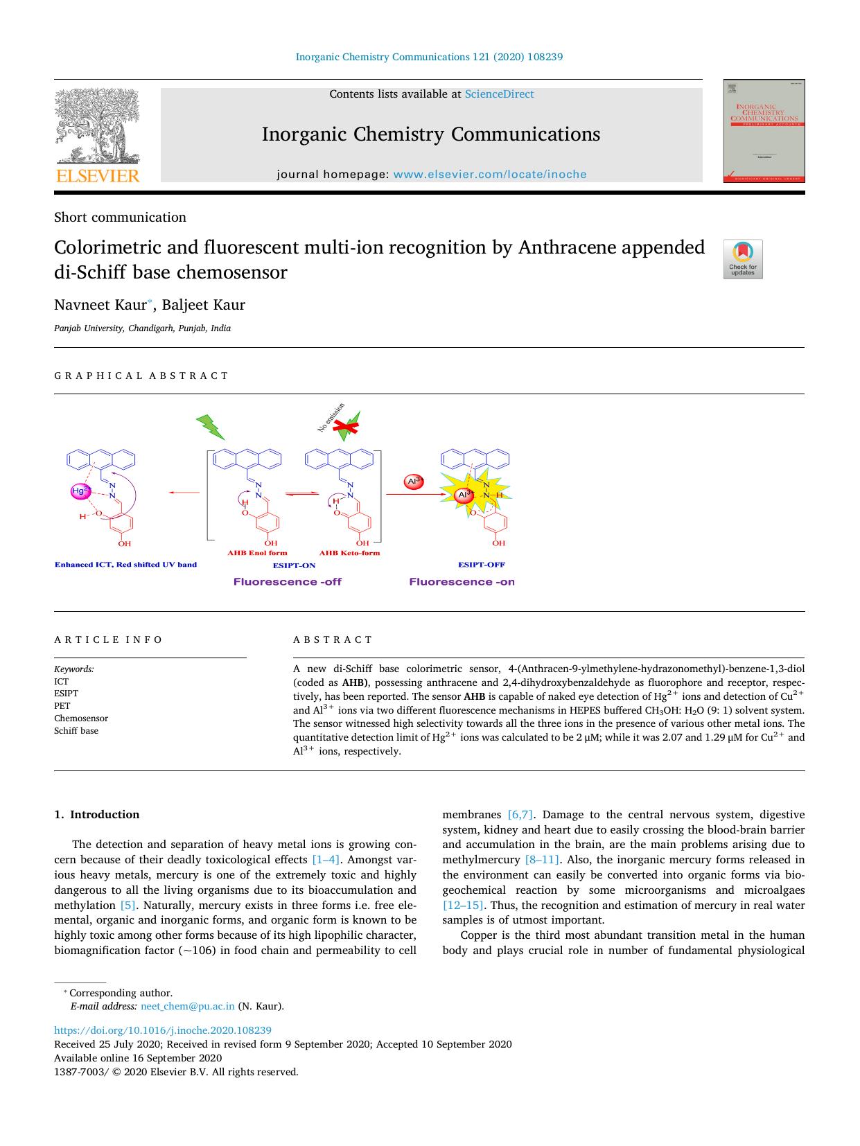Colorimetric and fluorescent multi-ion recognition by Anthracene appended di-Schiff base chemosensor by Navneet Kaur & Baljeet Kaur