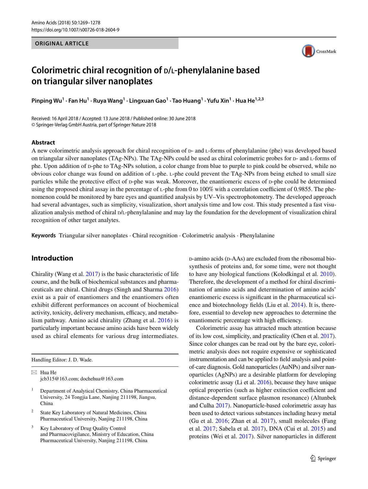 Colorimetric chiral recognition of dl-phenylalanine based on triangular silver nanoplates by Pinping Wu & Fan Hu & Ruya Wang & Lingxuan Gao & Tao Huang & Yufu Xin & Hua He