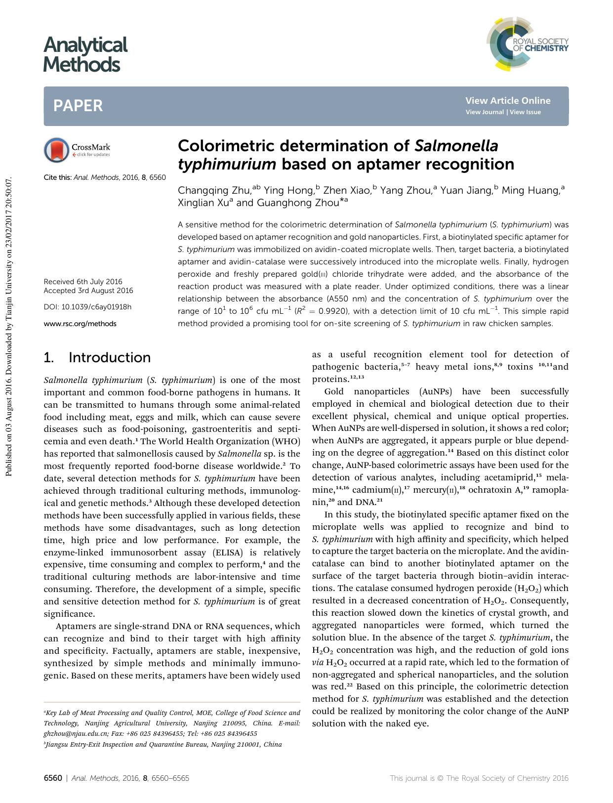 Colorimetric determination of Salmonella typhimurium based on aptamer recognition by unknow