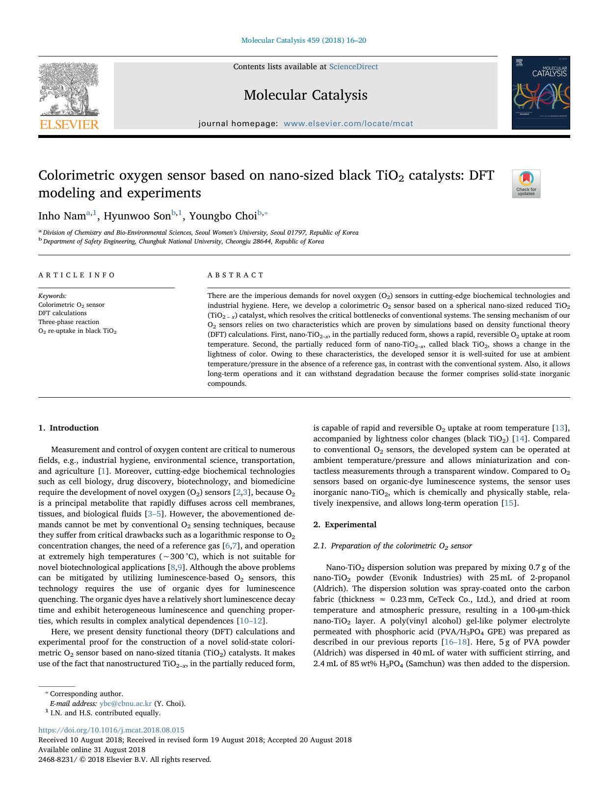 Colorimetric oxygen sensor based on nano-sized black TiO2 catalysts_ DFT modeling and experiments by Inho Nam & Hyunwoo Son & Youngbo Choi