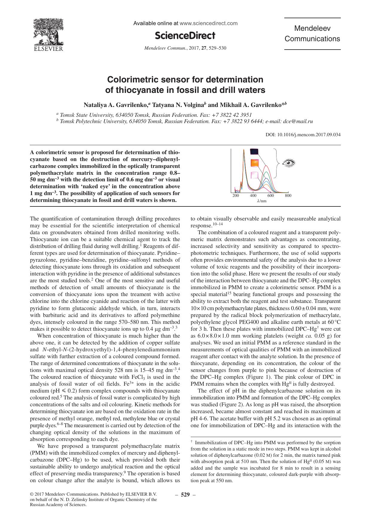 Colorimetric sensor for determination of thiocyanate in fossil and drill waters by Nataliya A. Gavrilenko & Tatyana N. Volgina & Mikhail A. Gavrilenko