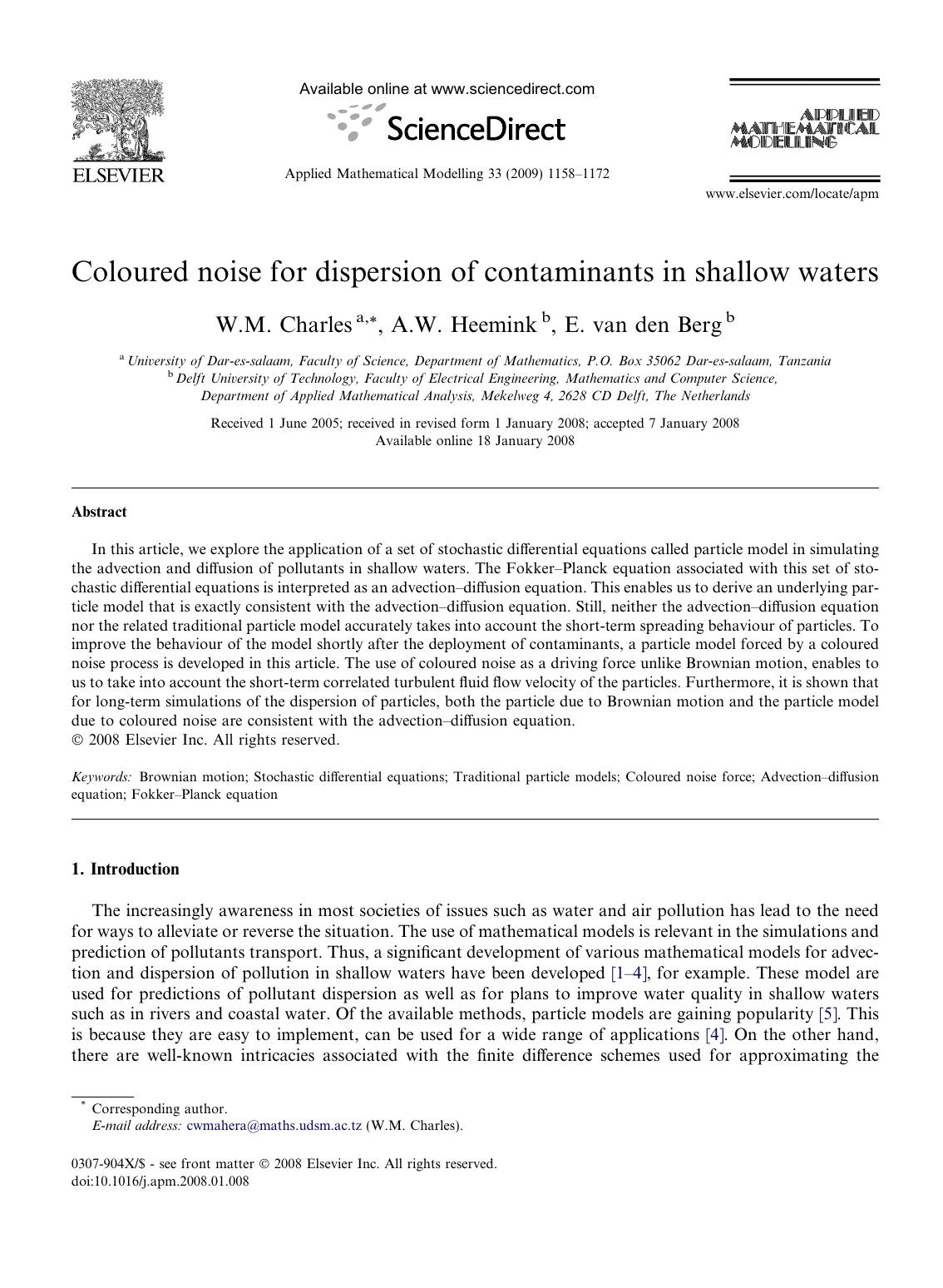 Coloured noise for dispersion of contaminants in shallow waters by W.M. Charles; A.W. Heemink; E. van den Berg