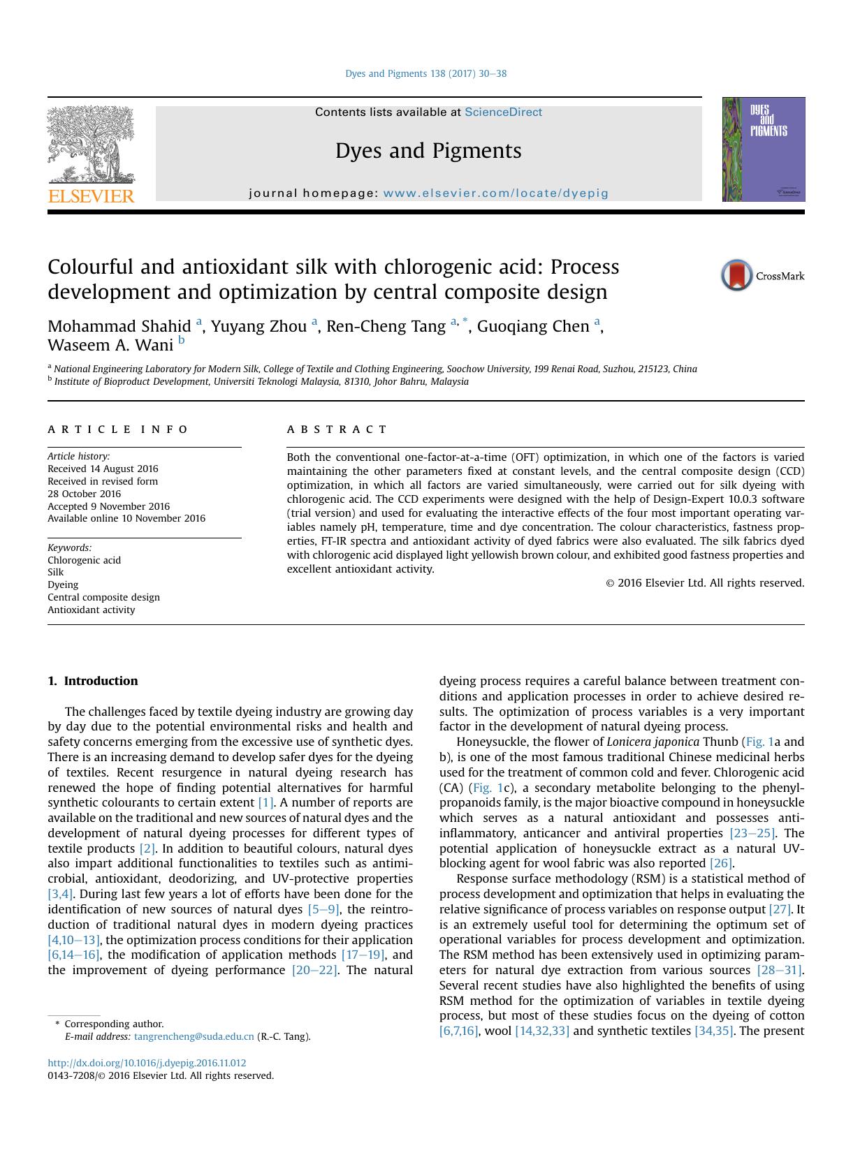 Colourful and antioxidant silk with chlorogenic acid: Process development and optimization by central composite design by Mohammad Shahid & Yuyang Zhou & Ren-Cheng Tang & Guoqiang Chen & Waseem A. Wani