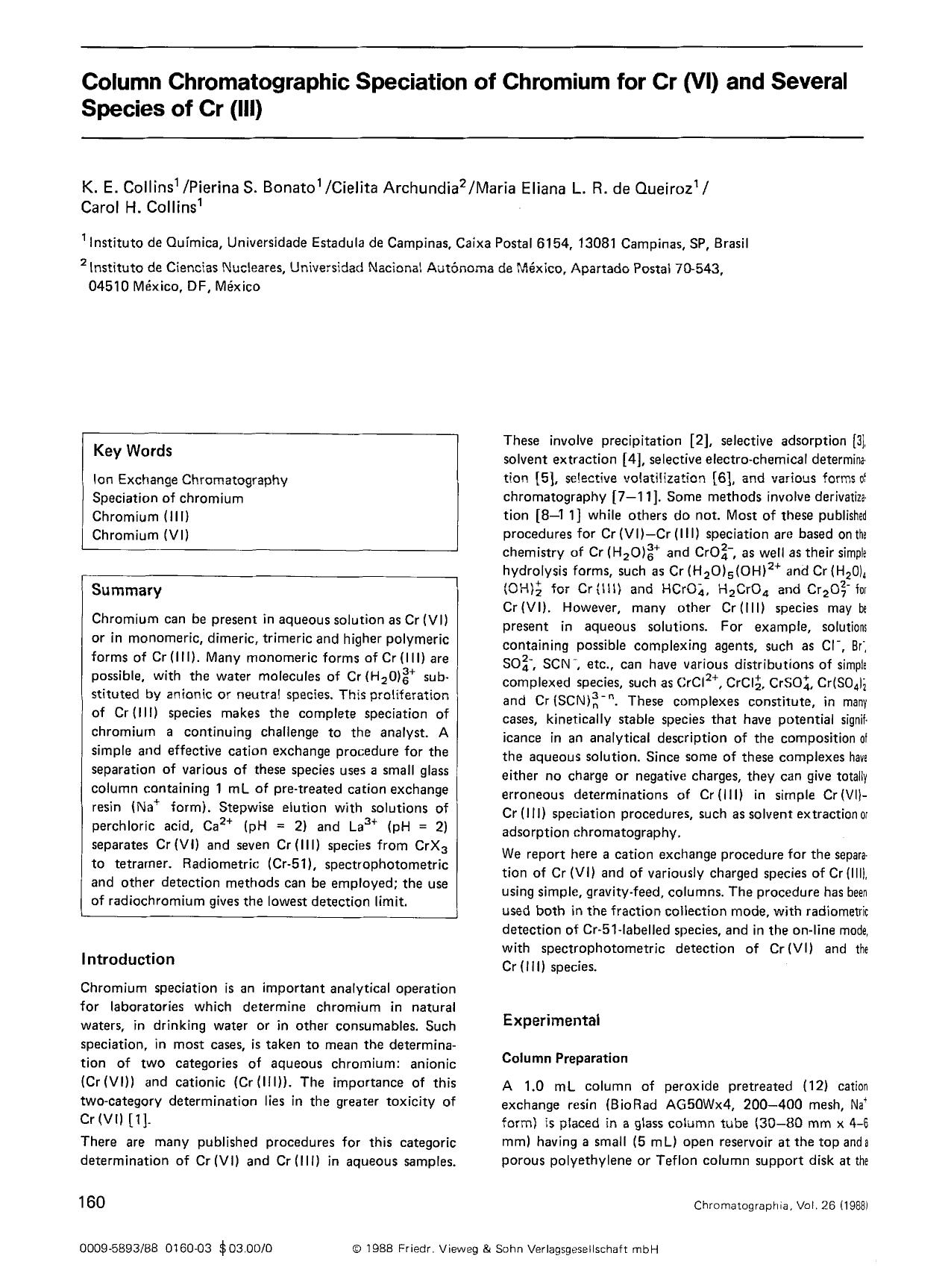Column chromatographic speciation of chromium for Cr(VI) and several species of Cr(III) by Unknown