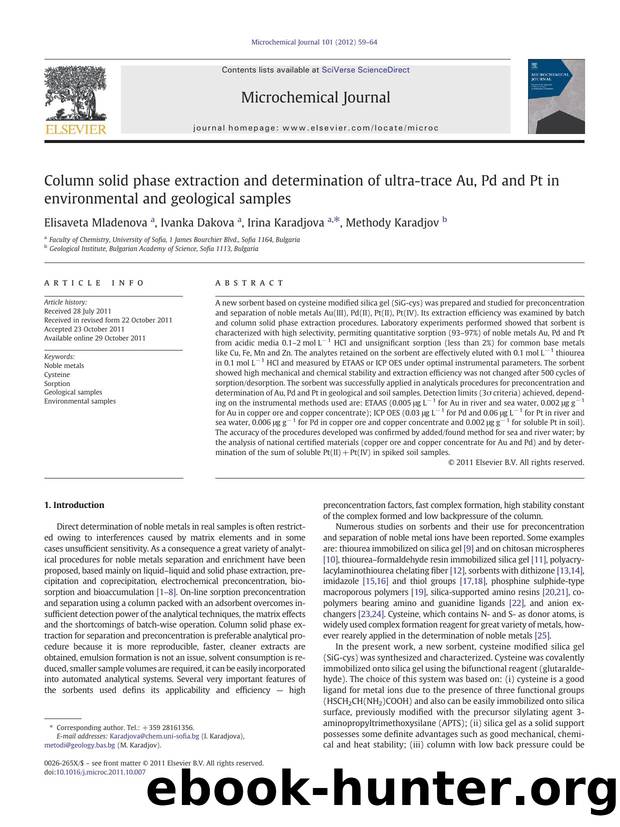 Column solid phase extraction and determination of ultra-trace Au, Pd and Pt in environmental and geological samples by Elisaveta Mladenova & Ivanka Dakova & Irina Karadjova & Methody Karadjov