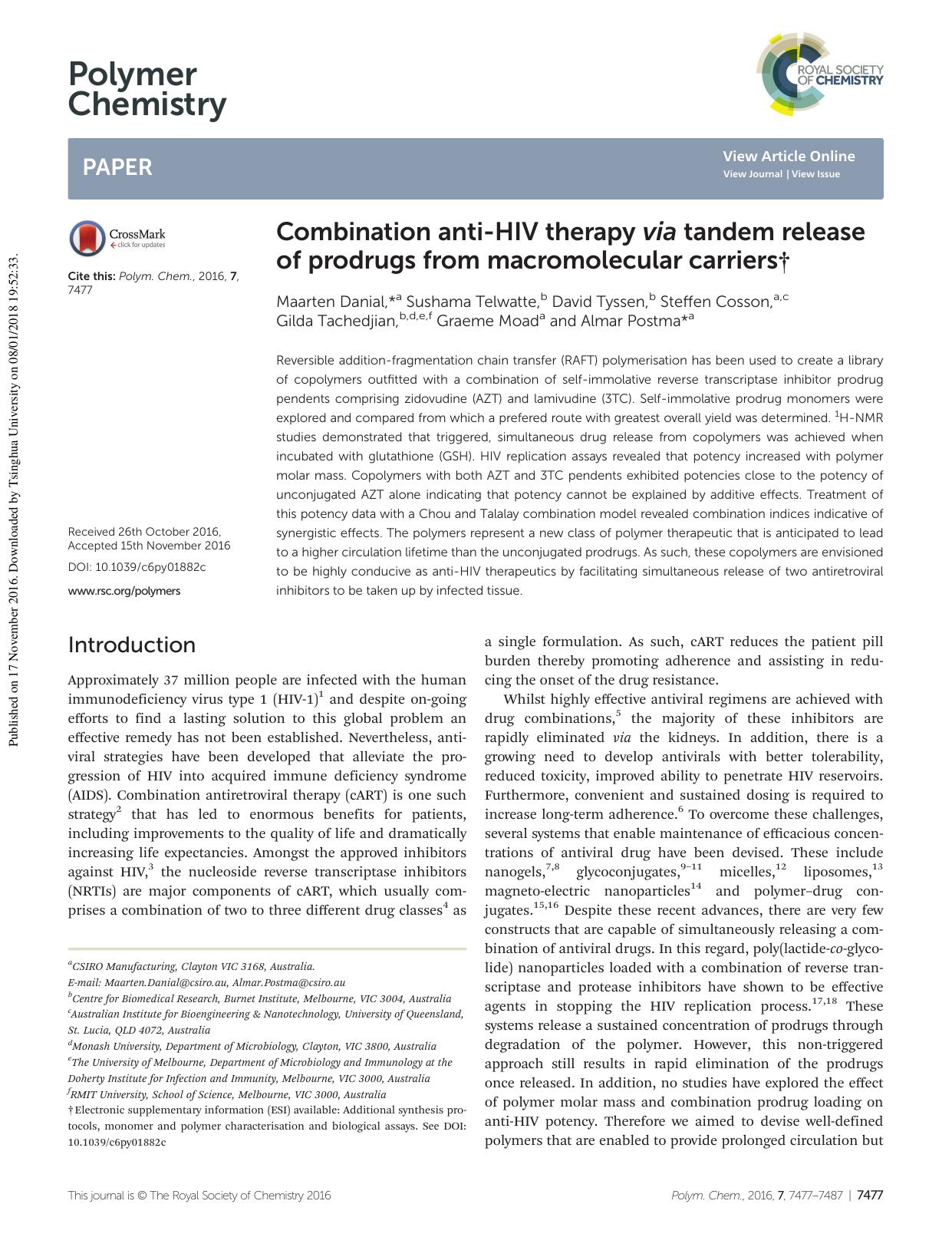 Combination anti-HIV therapy via tandem release of prodrugs from macromolecular carriers by unknow