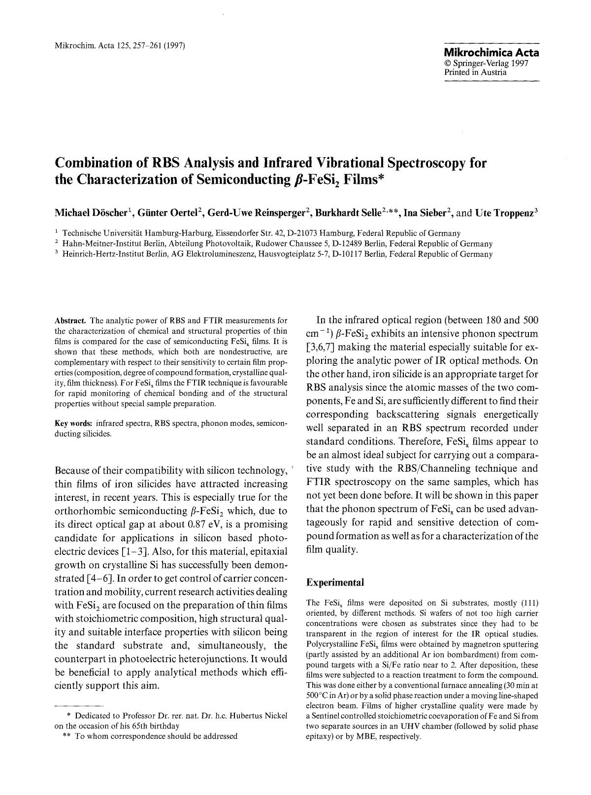 Combination of RBS analysis and infrared vibrational spectroscopy for the characterization of semiconducting &#x03B2;-FeSi <Subscript>2 <Subscript> films by Unknown