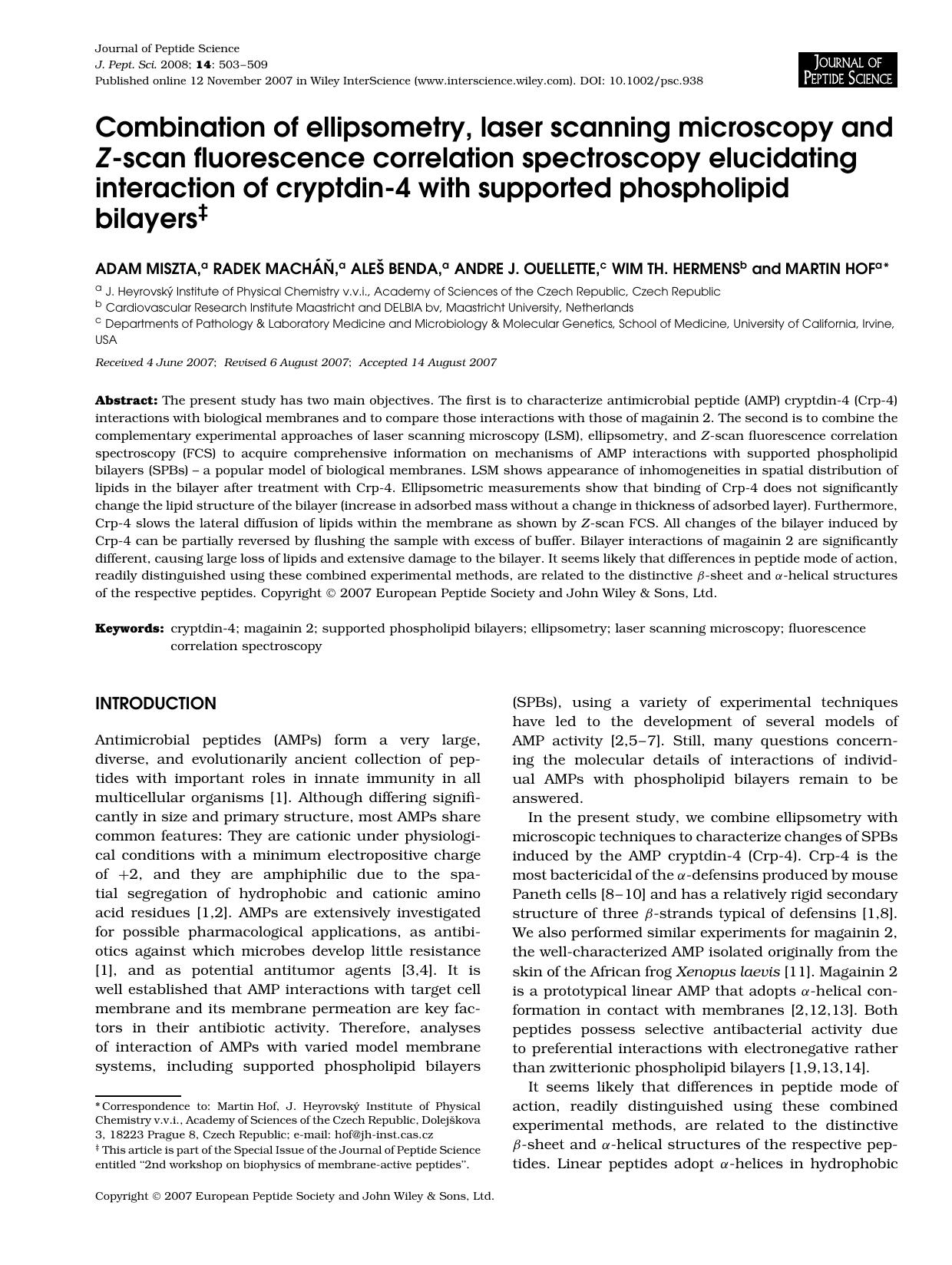 Combination of ellipsometry, laser scanning microscopy and Z-scan fluorescence correlation spectroscopy elucidating interaction of cryptdin-4 with supported phospholipid bilayers by Unknown