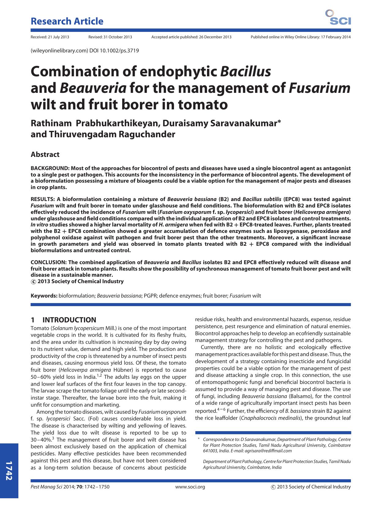 Combination of endophytic Bacillus and Beauveria for the management of Fusarium wilt and fruit borer in tomato by Unknown