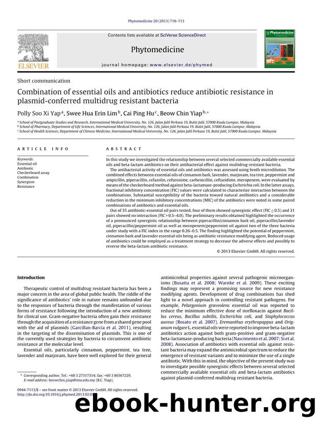 Combination of essential oils and antibiotics reduce antibiotic resistance in plasmid-conferred multidrug resistant bacteria by Polly Soo Xi Yap