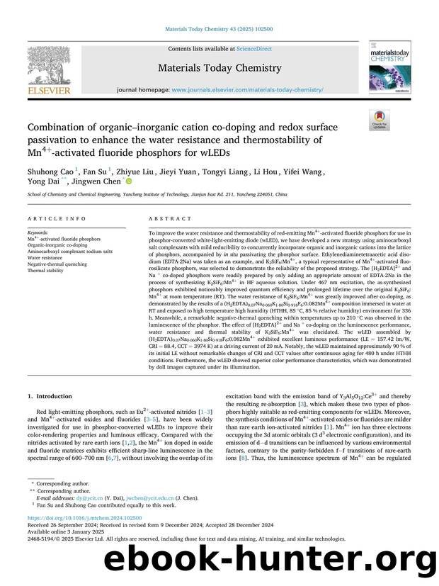 Combination of organicâinorganic cation co-doping and redox surface passivation to enhance the water resistance and thermostability of Mn4+-activated fluoride phosphors for wLEDs by Shuhong Cao