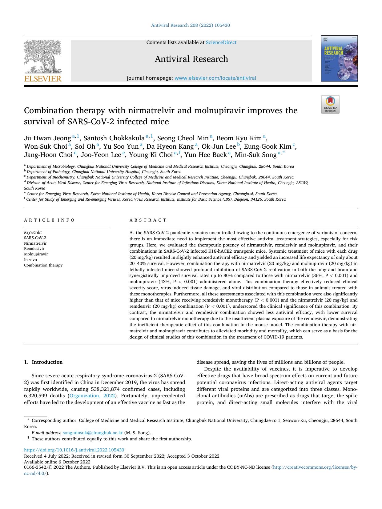 Combination therapy with nirmatrelvir and molnupiravir improves the survival of SARS-CoV-2 infected mice by unknow