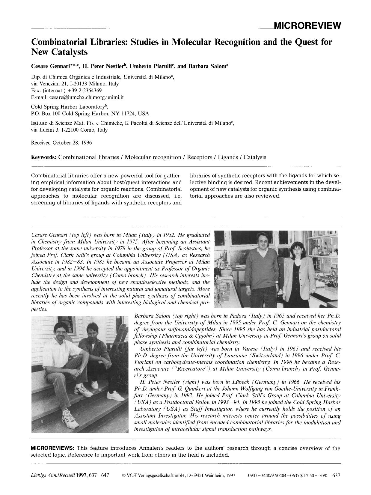Combinatorial Libraries: Studies in Molecular Recognition and the Quest for New Catalysts by Unknown