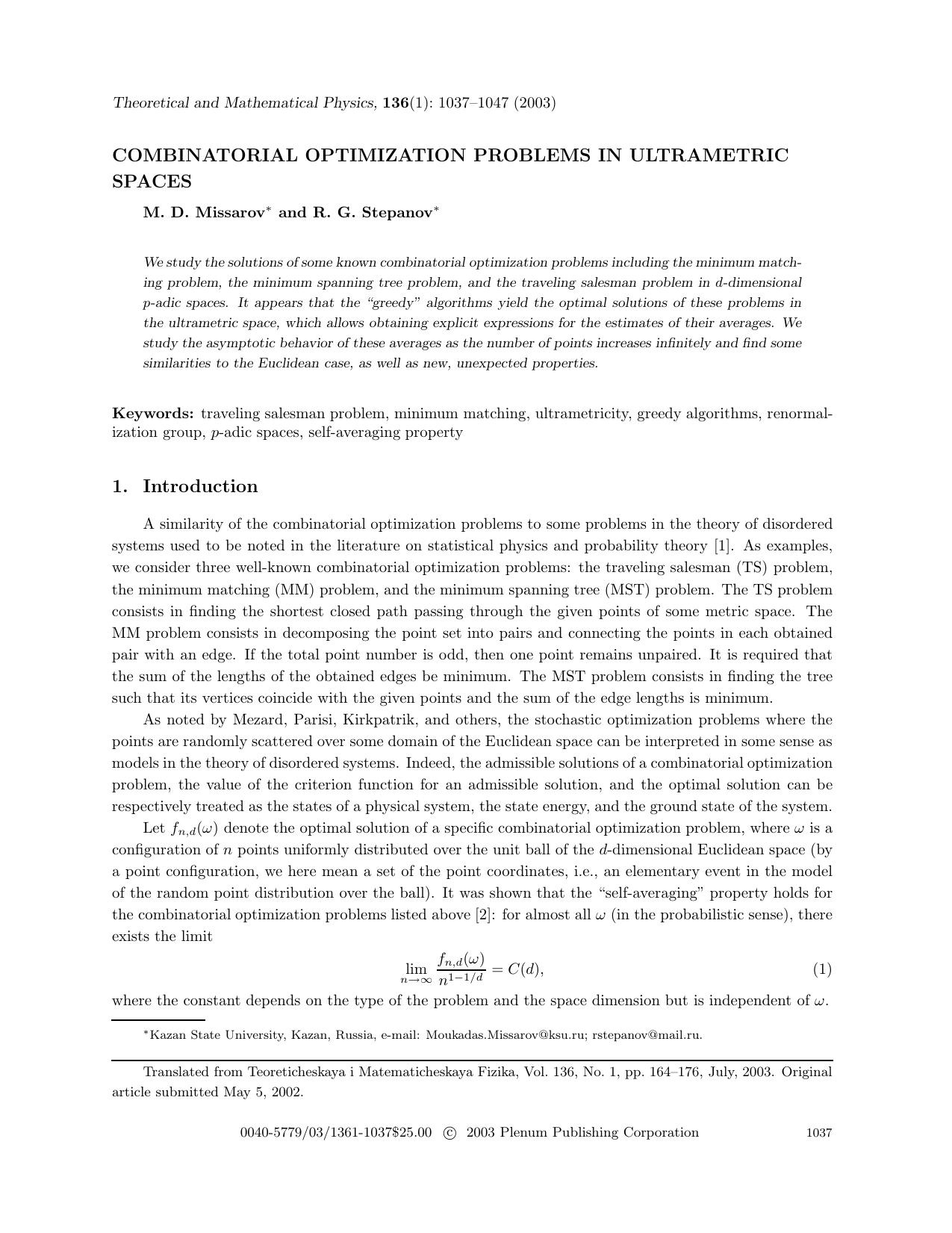 Combinatorial Optimization Problems in Ultrametric Spaces by Unknown