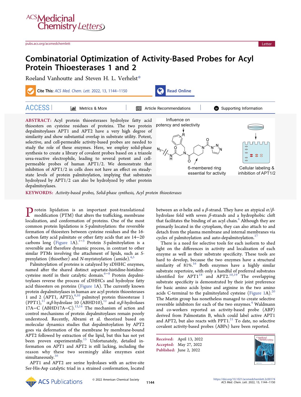 Combinatorial Optimization of Activity-Based Probes for Acyl Protein Thioesterases 1 and 2 by Roeland Vanhoutte and Steven H. L. Verhelst
