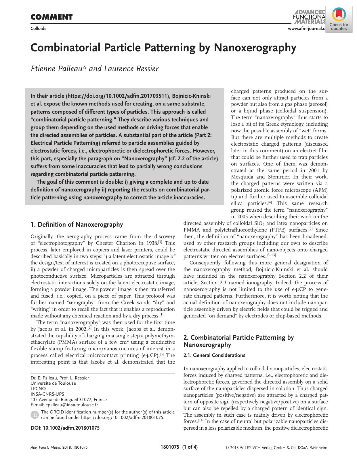 Combinatorial Particle Patterning by Nanoxerography by Unknown