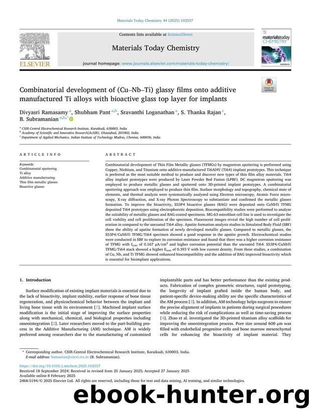 Combinatorial development of (CuâNbâTi) glassy films onto additive manufactured Ti alloys with bioactive glass top layer for implants by Divyasri Ramasamy & Shubham Pant & Sravanthi Loganathan & S. Thanka Rajan & B. Subramanian