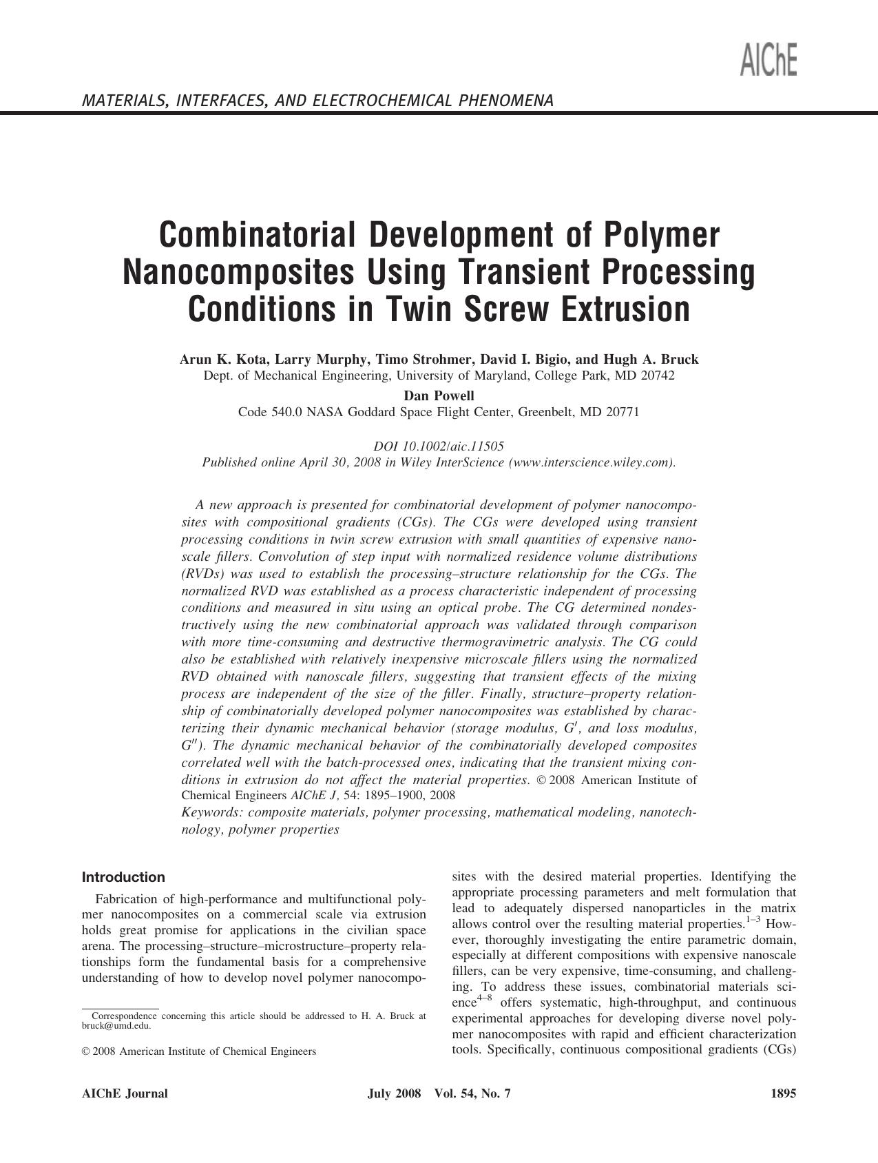 Combinatorial development of polymer nanocomposites using transient processing conditions in twin screw extrusion by Unknown